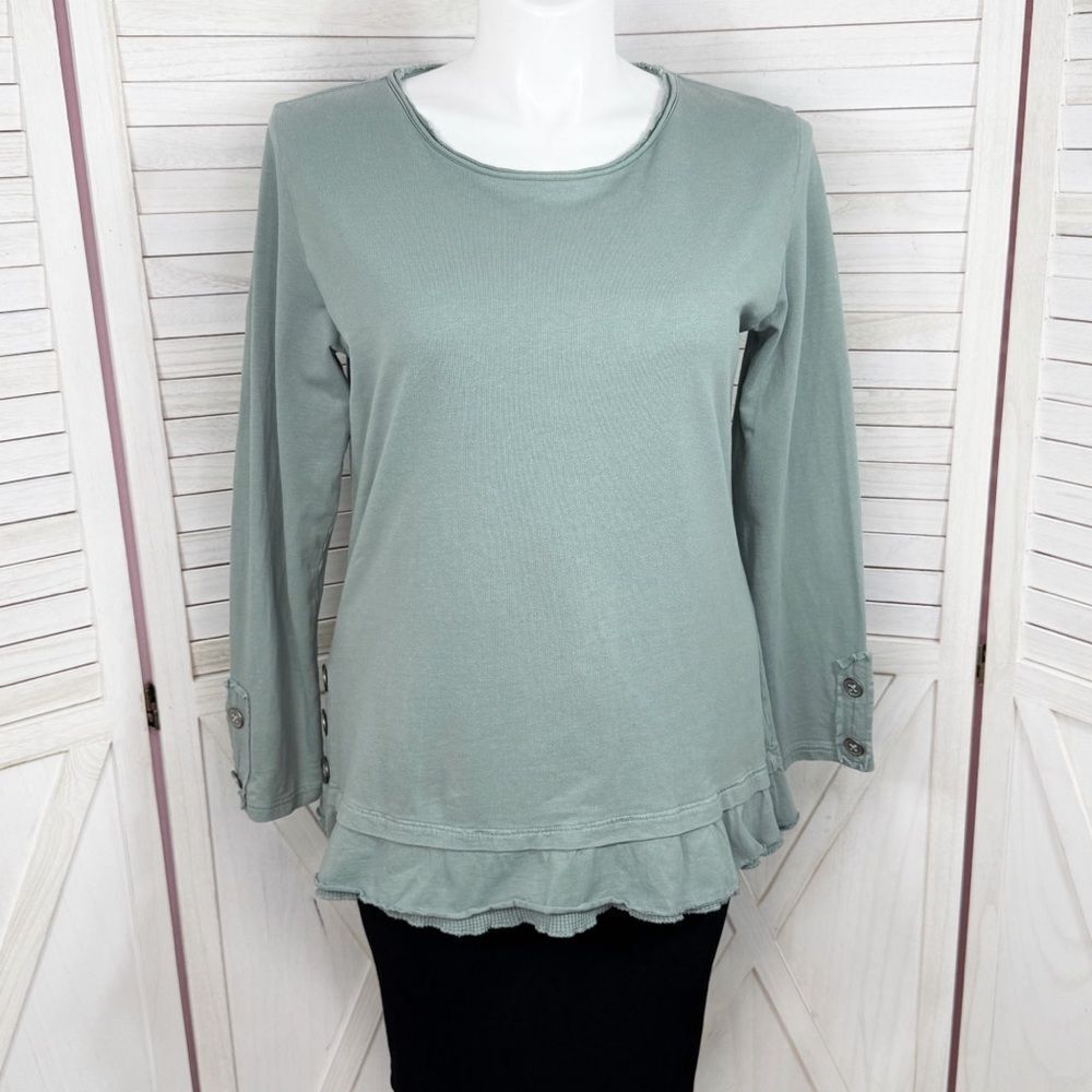 Wild Palms Ruffled Layered Hem Buttons Tunic Top Sage Green Large Cottagecore